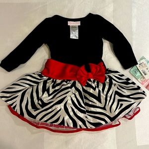 Zebra print Bonnie Baby 12mo Velvet dress with red bow detail